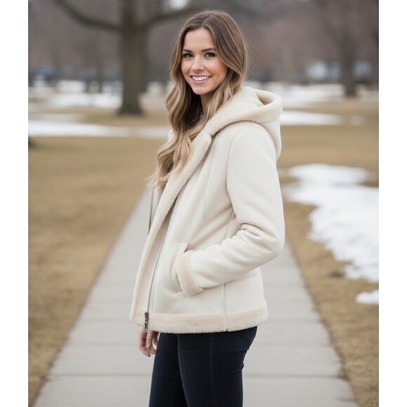 Vtg Y2K Hydraulic Hooded Cream Faux Suede & Fur Lined Penny Lane Coat | Boho Lg - Picture 11 of 16